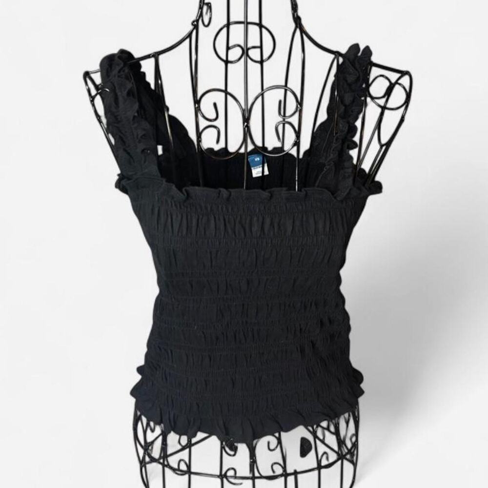 Old Navy Black Fitted Smocked Tank Top Ruffle Strap NWT Women's XS